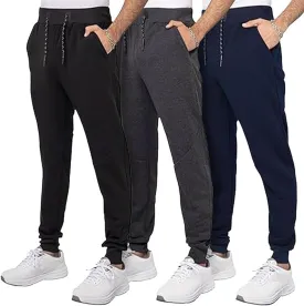 3 Pack Fleece Joggers for Men - Workout Mens Sweatpants with Zipper Pockets & Drawstring - Active Sweat Pants