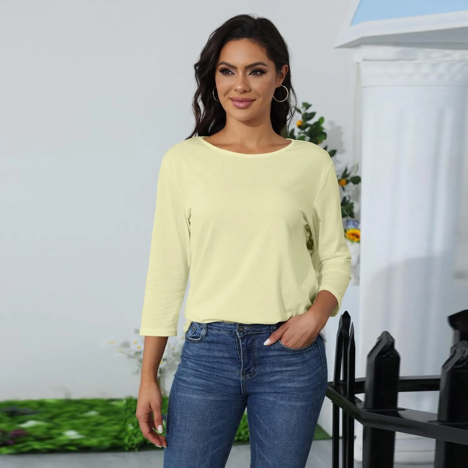 3/4 Length Sleeve Womens Tops Casual Loose Fit Crewneck T Shirts Cute Solid Three Quarter Length Tunic Tops