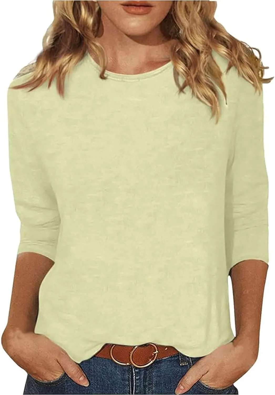 3/4 Length Sleeve Womens Tops Casual Loose Fit Crewneck T Shirts Cute Solid Three Quarter Length Tunic Tops