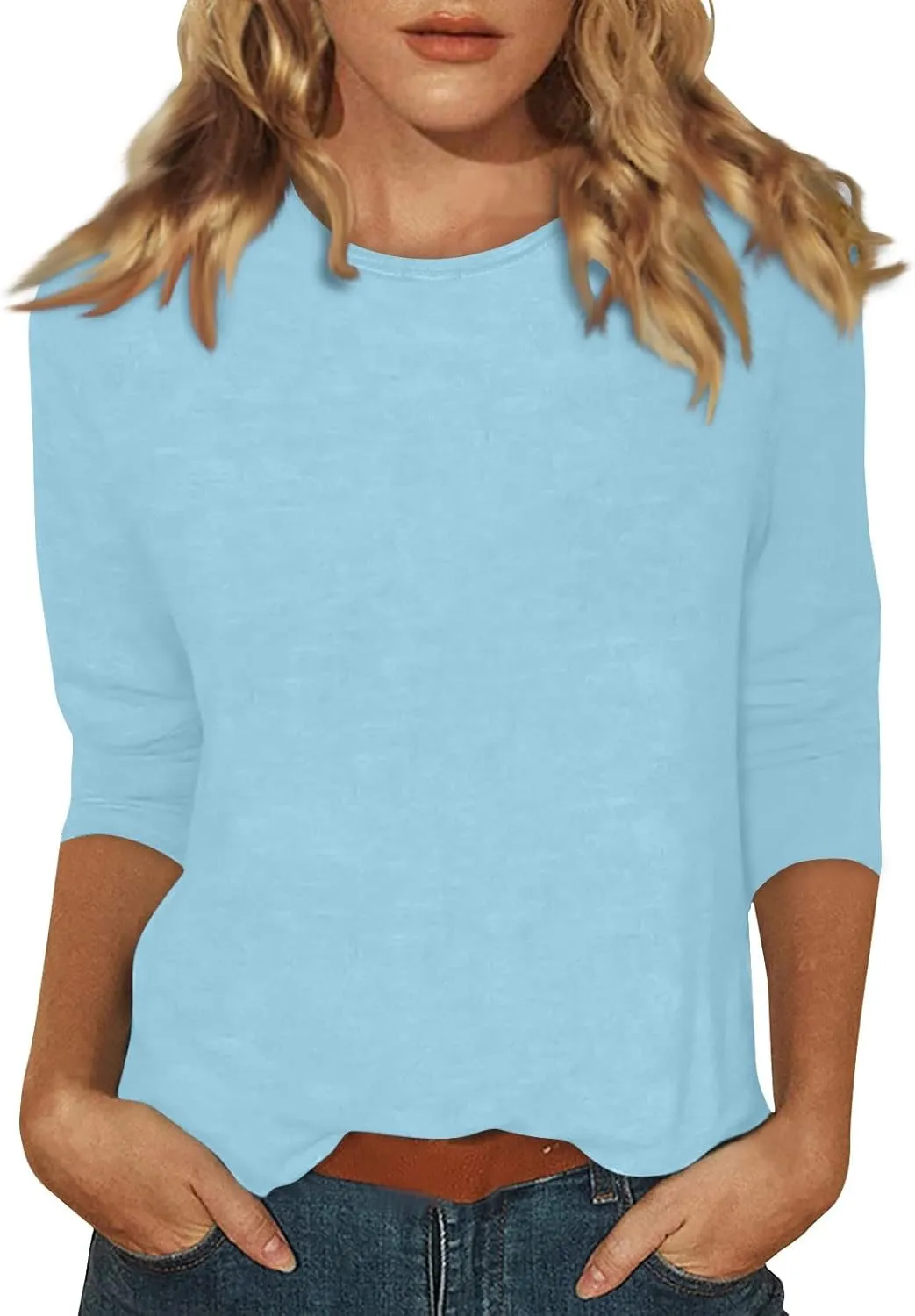 3/4 Length Sleeve Womens Tops Casual Loose Fit Crewneck T Shirts Cute Solid Three Quarter Length Tunic Tops