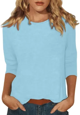 3/4 Length Sleeve Womens Tops Casual Loose Fit Crewneck T Shirts Cute Solid Three Quarter Length Tunic Tops