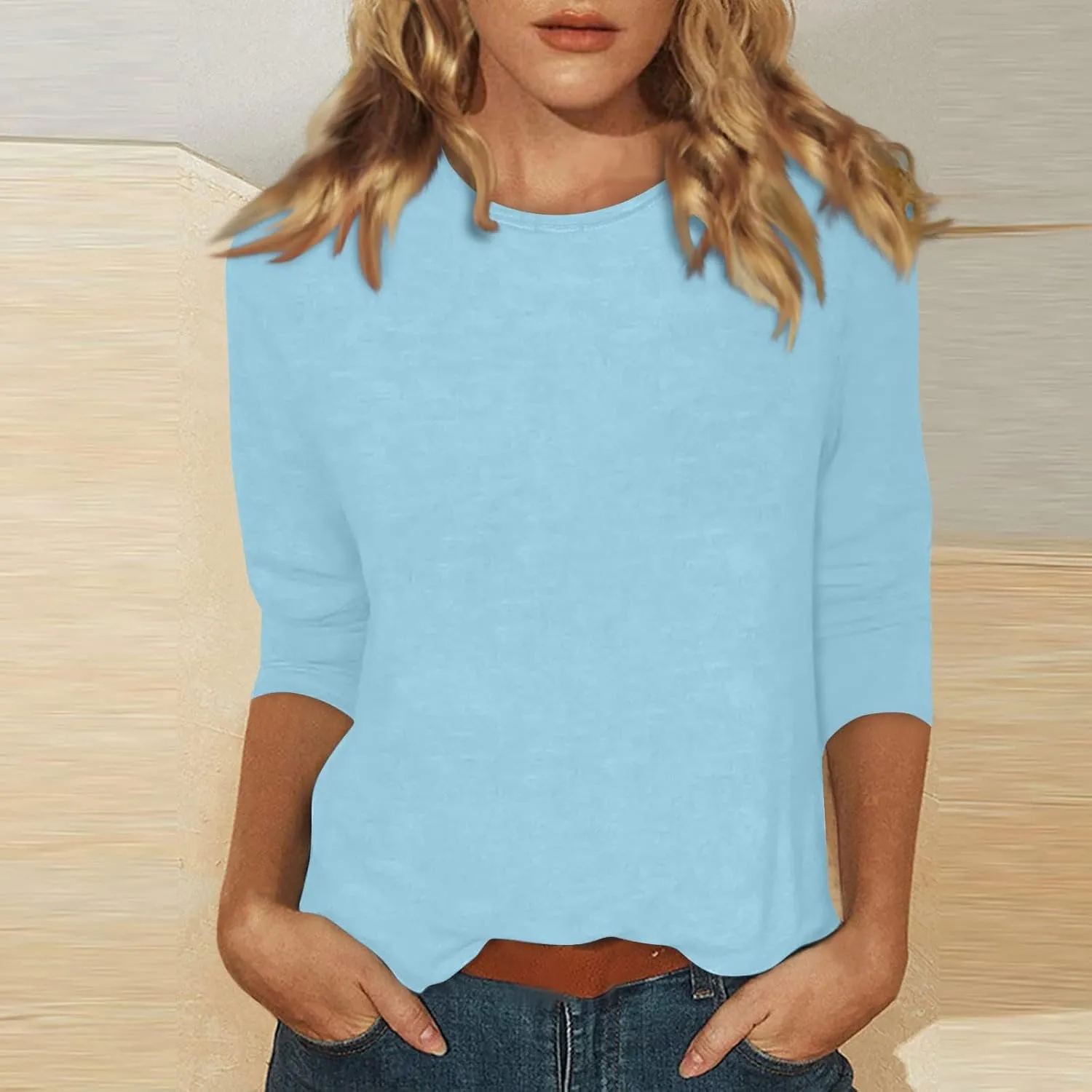 3/4 Length Sleeve Womens Tops Casual Loose Fit Crewneck T Shirts Cute Solid Three Quarter Length Tunic Tops