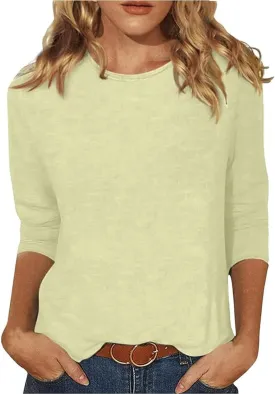 3/4 Length Sleeve Womens Tops Casual Loose Fit Crewneck T Shirts Cute Solid Three Quarter Length Tunic Tops