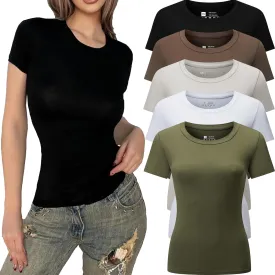 5pcs Women's Short Sleeve Slim Fit Y2K T Shirt Crew Neck Bodycon Crop Tunics Going Out Tops