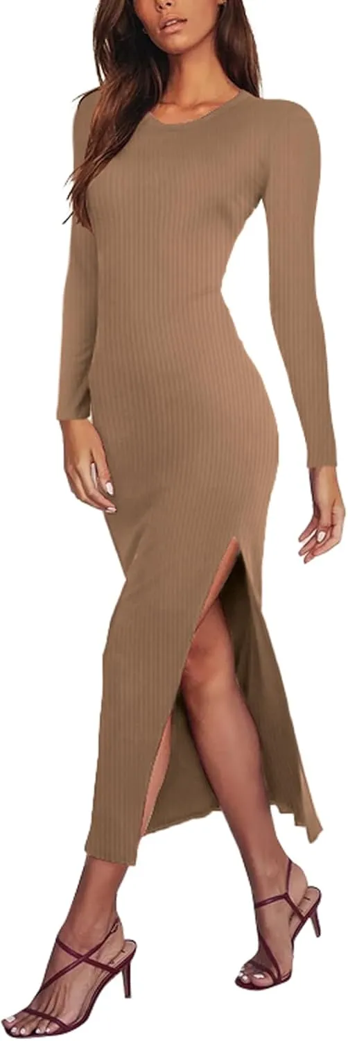 Antopmen Women Round Crewneck Long Sleeve Ribbed Dress Side Slit Knit Bodycon Strecthy Midi Dress