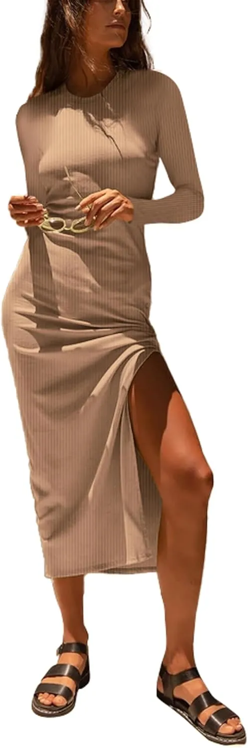 Antopmen Women Round Crewneck Long Sleeve Ribbed Dress Side Slit Knit Bodycon Strecthy Midi Dress