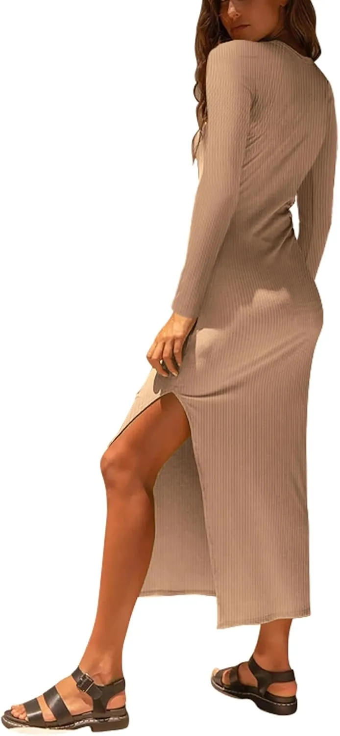 Antopmen Women Round Crewneck Long Sleeve Ribbed Dress Side Slit Knit Bodycon Strecthy Midi Dress