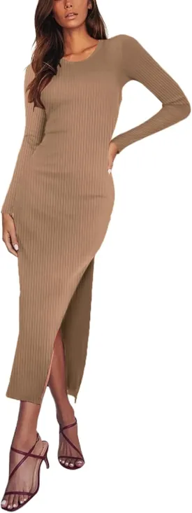 Antopmen Women Round Crewneck Long Sleeve Ribbed Dress Side Slit Knit Bodycon Strecthy Midi Dress