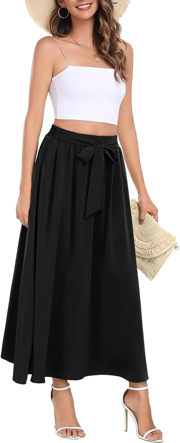Askyes Womens Maxi Skirt Summer Trendy Tie Knot Elastic High Waisted Boho Casual Beach Flowy Swing Long Skirts with Pockets