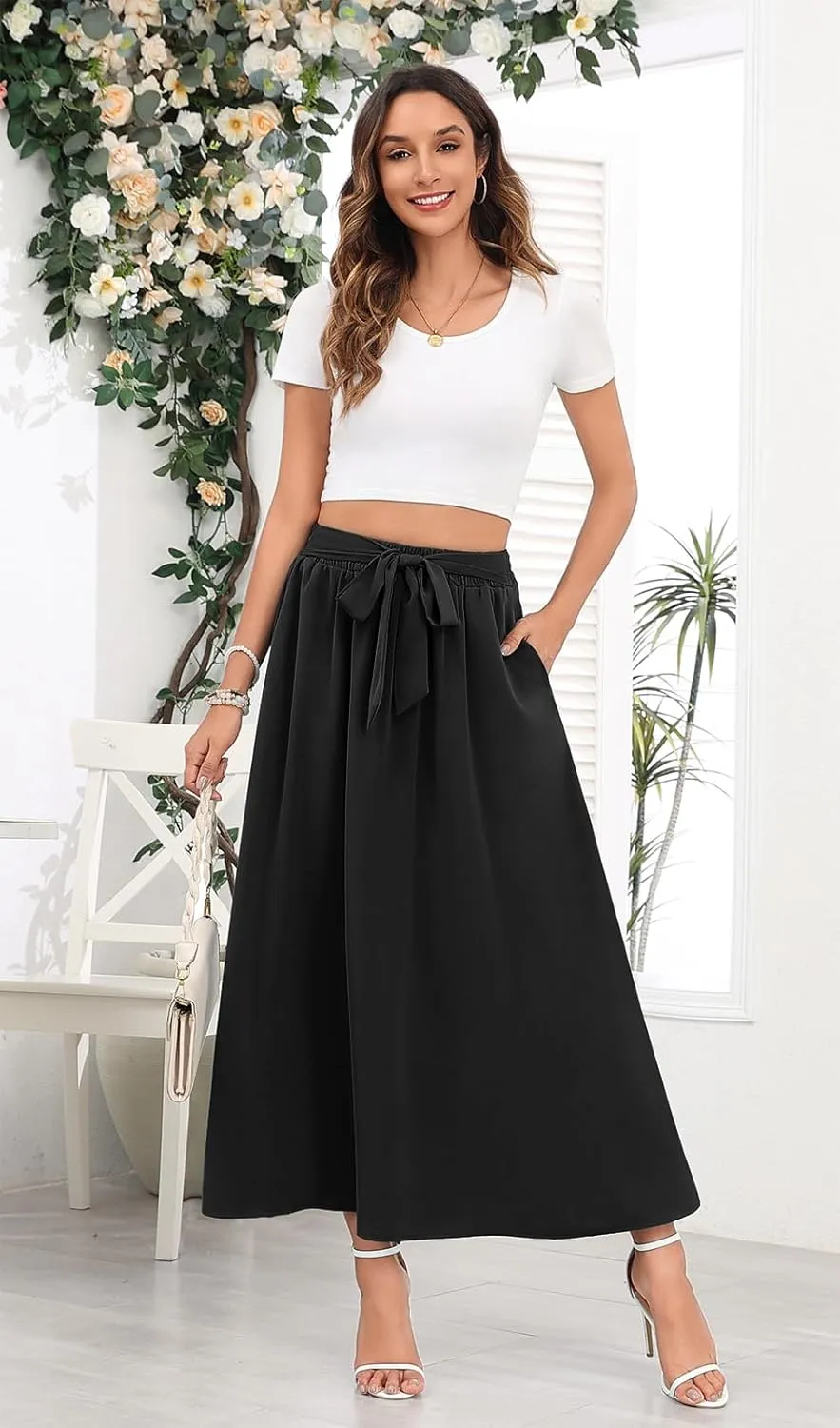 Askyes Womens Maxi Skirt Summer Trendy Tie Knot Elastic High Waisted Boho Casual Beach Flowy Swing Long Skirts with Pockets
