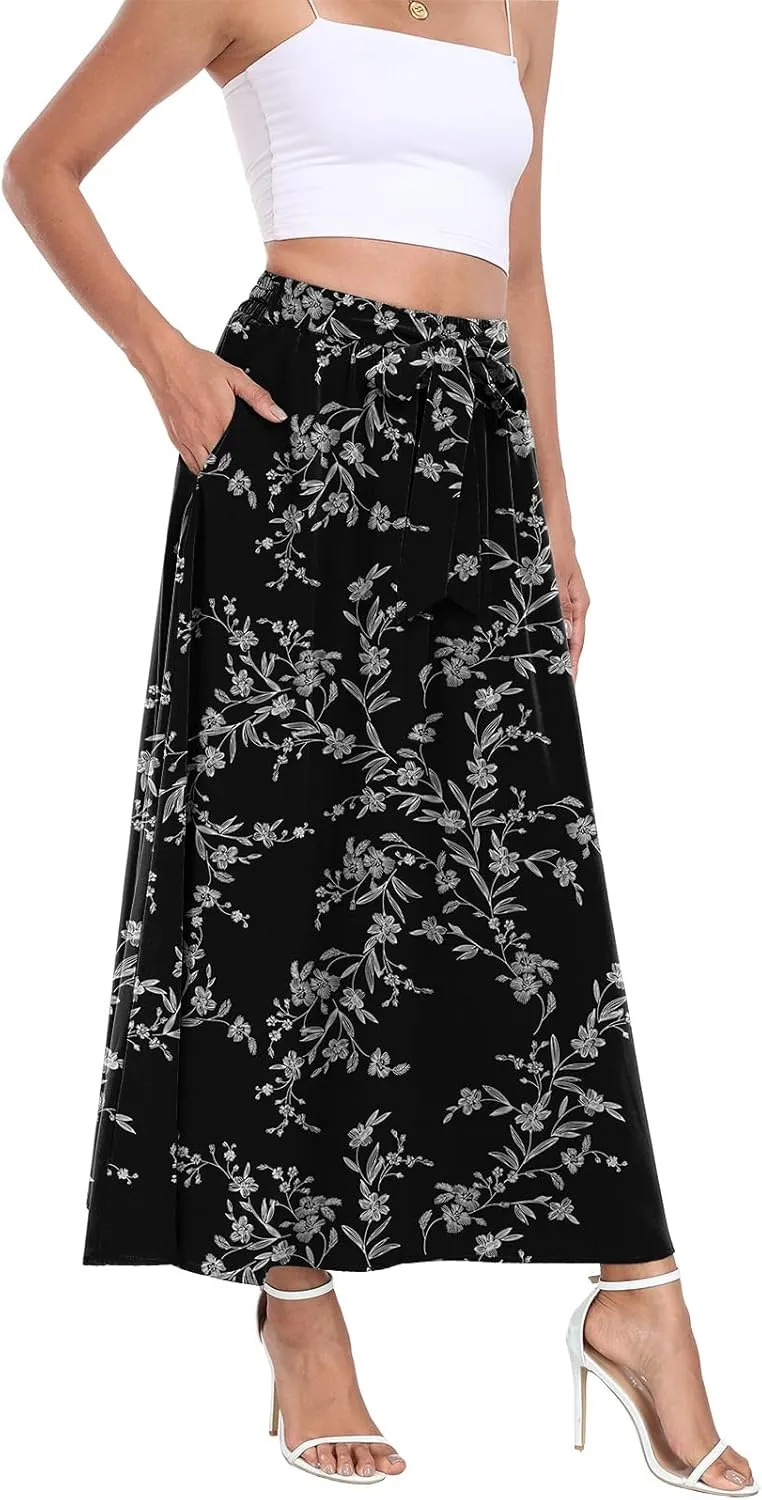 Askyes Womens Maxi Skirt Summer Trendy Tie Knot Elastic High Waisted Boho Casual Beach Flowy Swing Long Skirts with Pockets