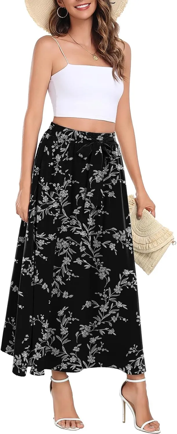 Askyes Womens Maxi Skirt Summer Trendy Tie Knot Elastic High Waisted Boho Casual Beach Flowy Swing Long Skirts with Pockets