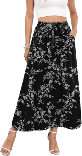 Askyes Womens Maxi Skirt Summer Trendy Tie Knot Elastic High Waisted Boho Casual Beach Flowy Swing Long Skirts with Pockets