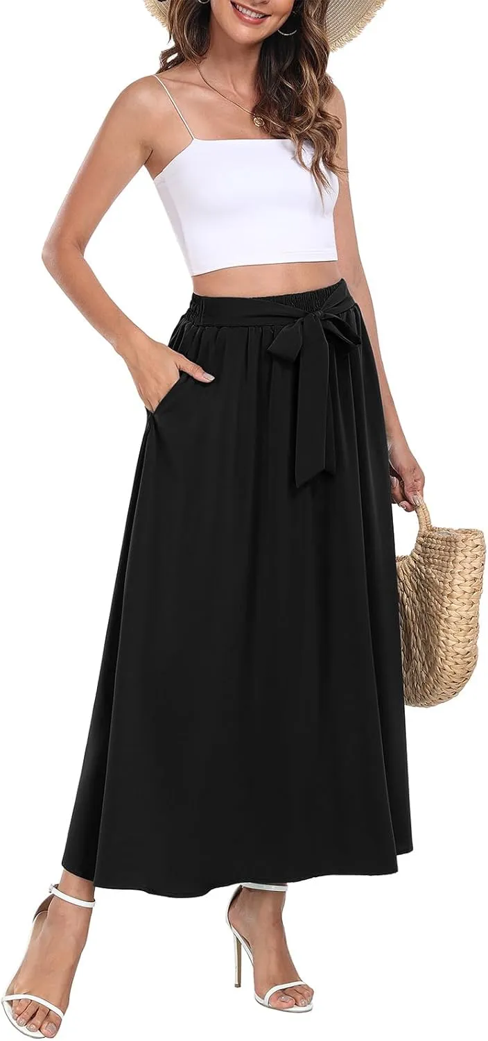 Askyes Womens Maxi Skirt Summer Trendy Tie Knot Elastic High Waisted Boho Casual Beach Flowy Swing Long Skirts with Pockets