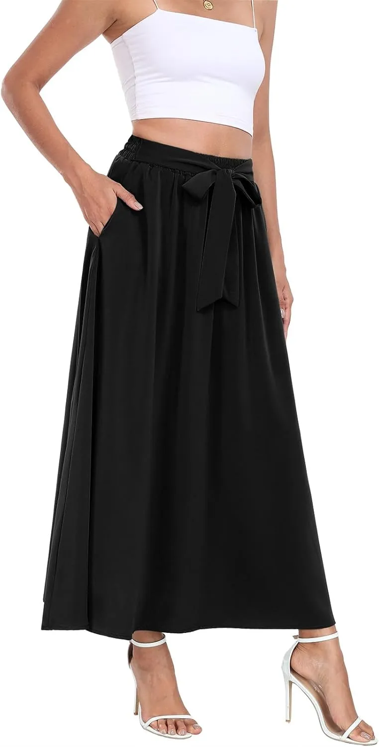 Askyes Womens Maxi Skirt Summer Trendy Tie Knot Elastic High Waisted Boho Casual Beach Flowy Swing Long Skirts with Pockets
