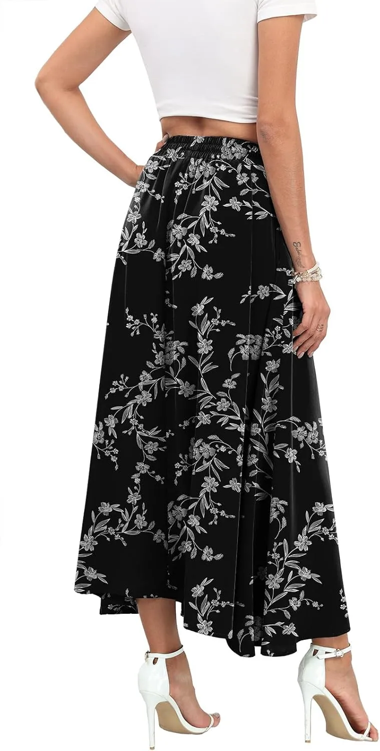 Askyes Womens Maxi Skirt Summer Trendy Tie Knot Elastic High Waisted Boho Casual Beach Flowy Swing Long Skirts with Pockets