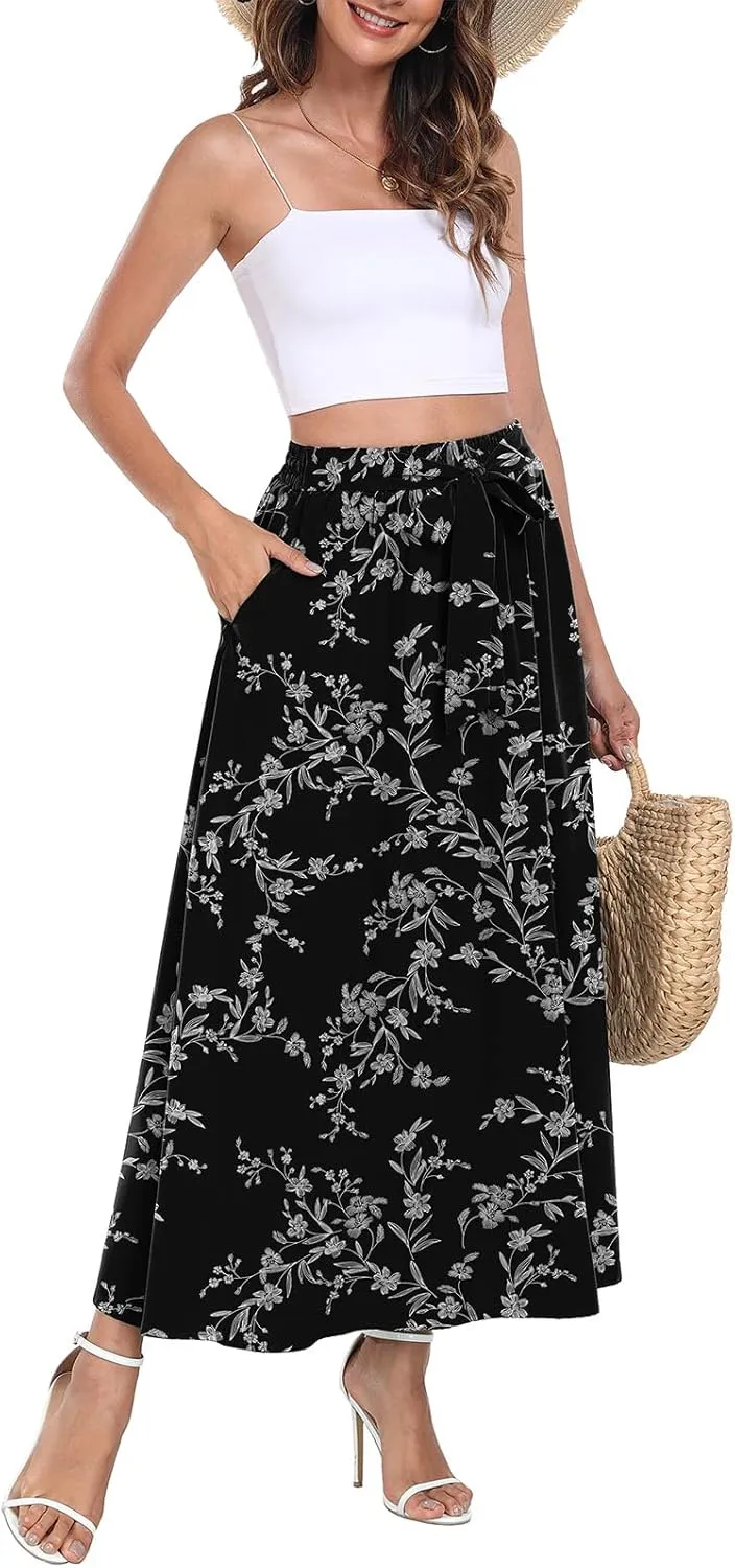 Askyes Womens Maxi Skirt Summer Trendy Tie Knot Elastic High Waisted Boho Casual Beach Flowy Swing Long Skirts with Pockets
