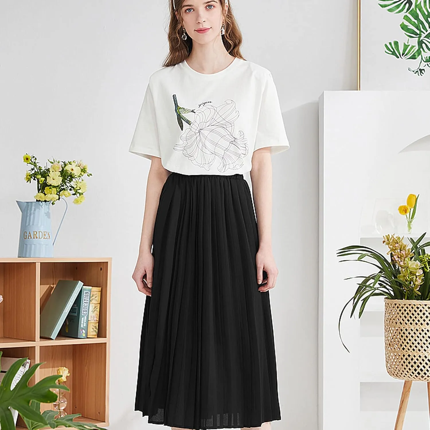 Basoteeuo Womens Skirt Leopard Print Midi Long Shirring Pleated Skirts High Waisted A Line Skirts
