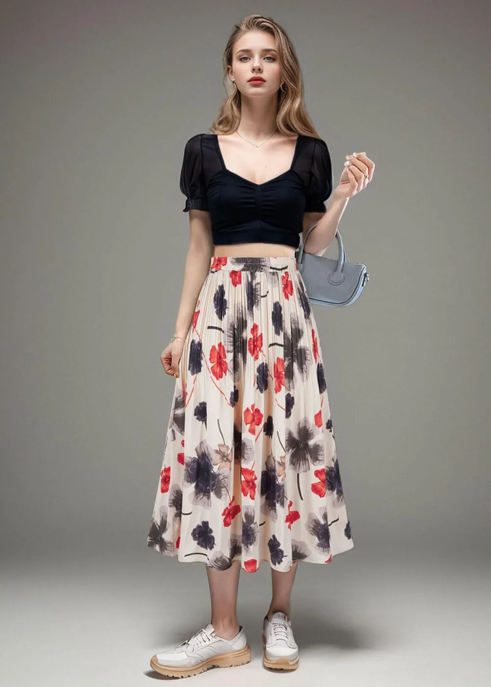Basoteeuo Womens Skirt Leopard Print Midi Long Shirring Pleated Skirts High Waisted A Line Skirts