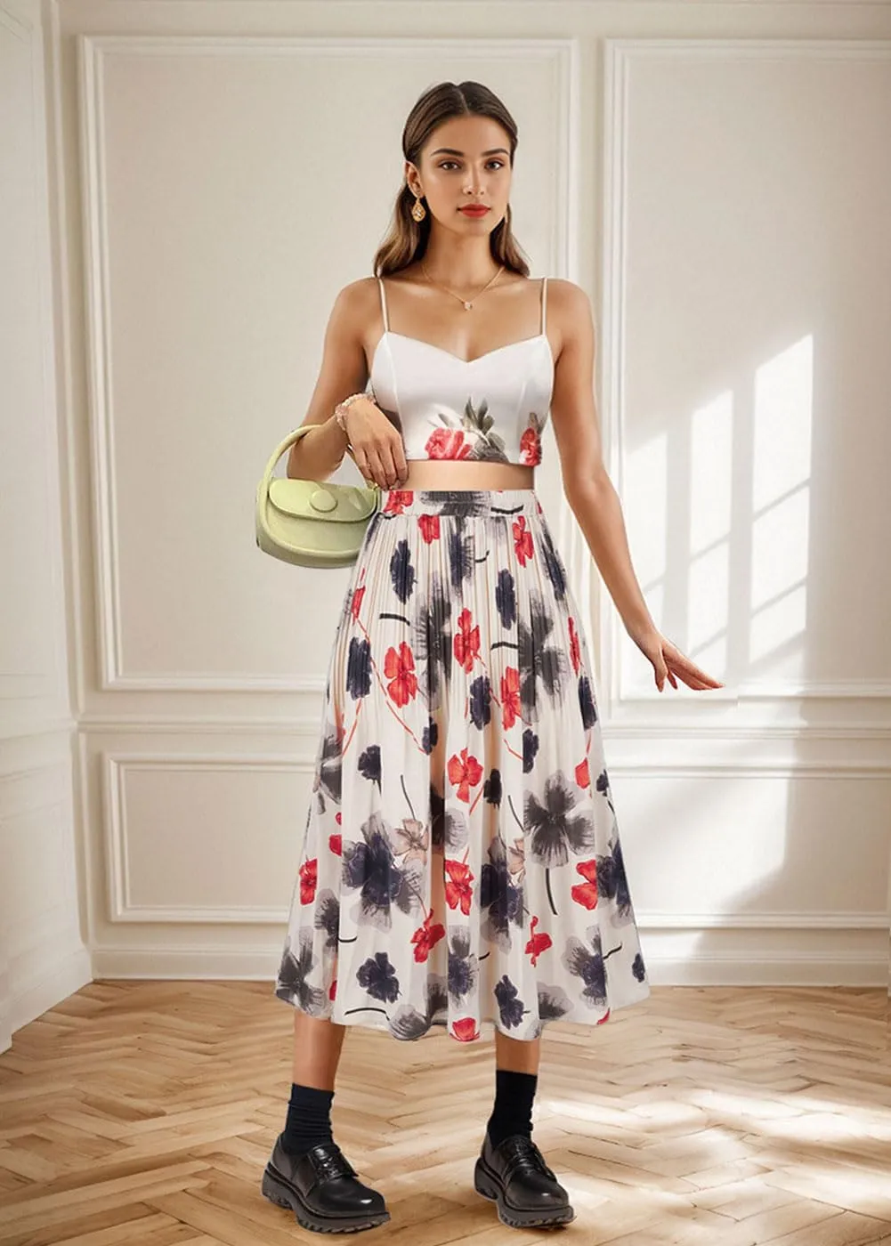 Basoteeuo Womens Skirt Leopard Print Midi Long Shirring Pleated Skirts High Waisted A Line Skirts