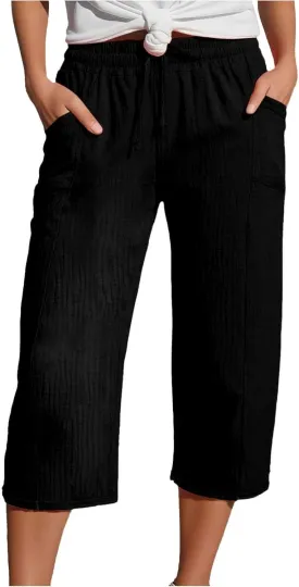 Capri Pants for Women High Waist Cotton Linen Pants Straight Wide Leg Cropped Trouser with Pockets