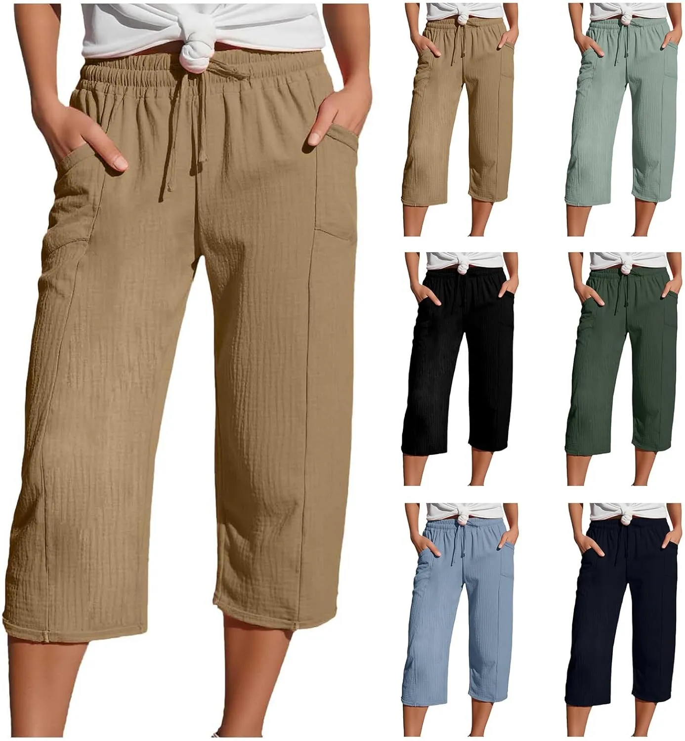 Capri Pants for Women High Waist Cotton Linen Pants Straight Wide Leg Cropped Trouser with Pockets