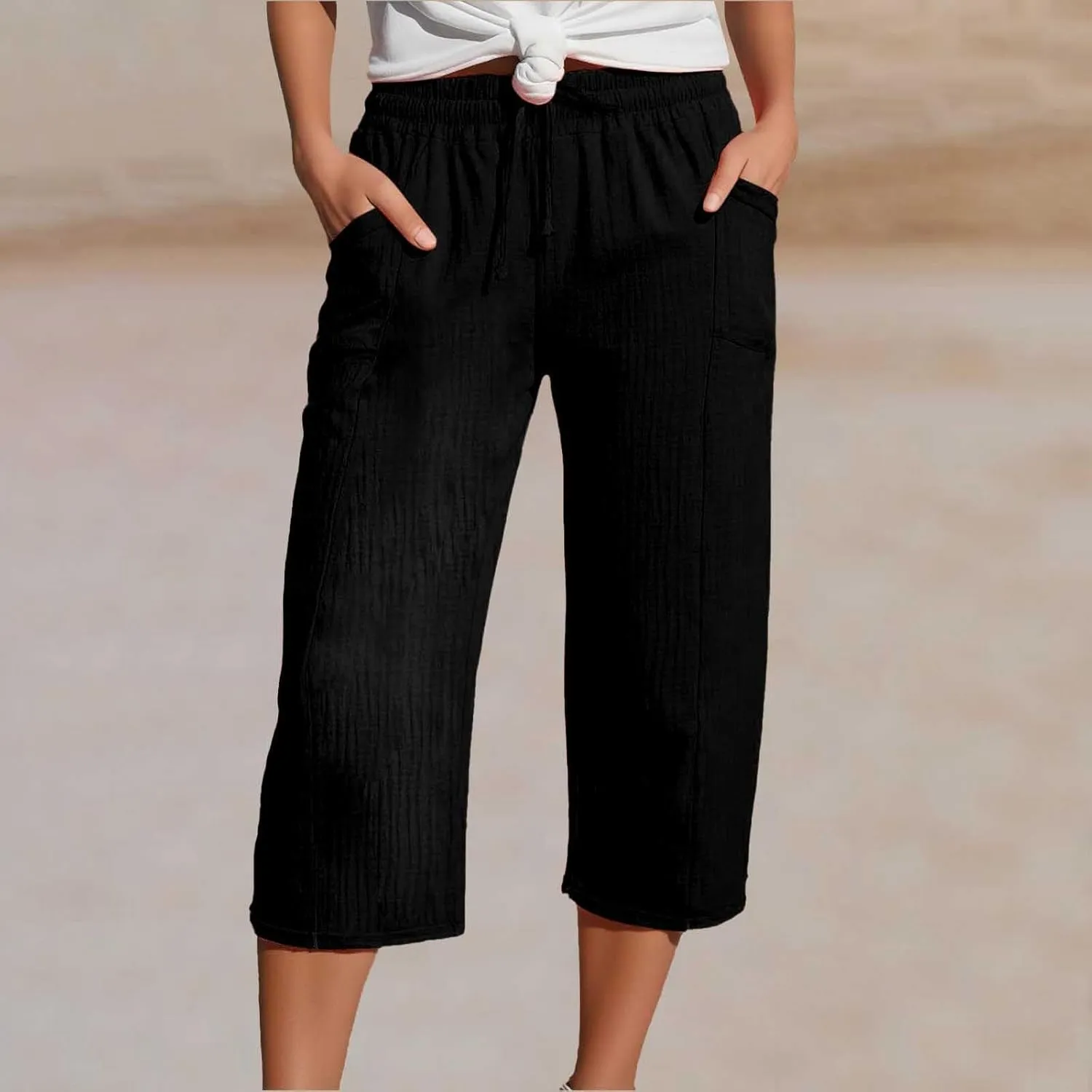 Capri Pants for Women High Waist Cotton Linen Pants Straight Wide Leg Cropped Trouser with Pockets