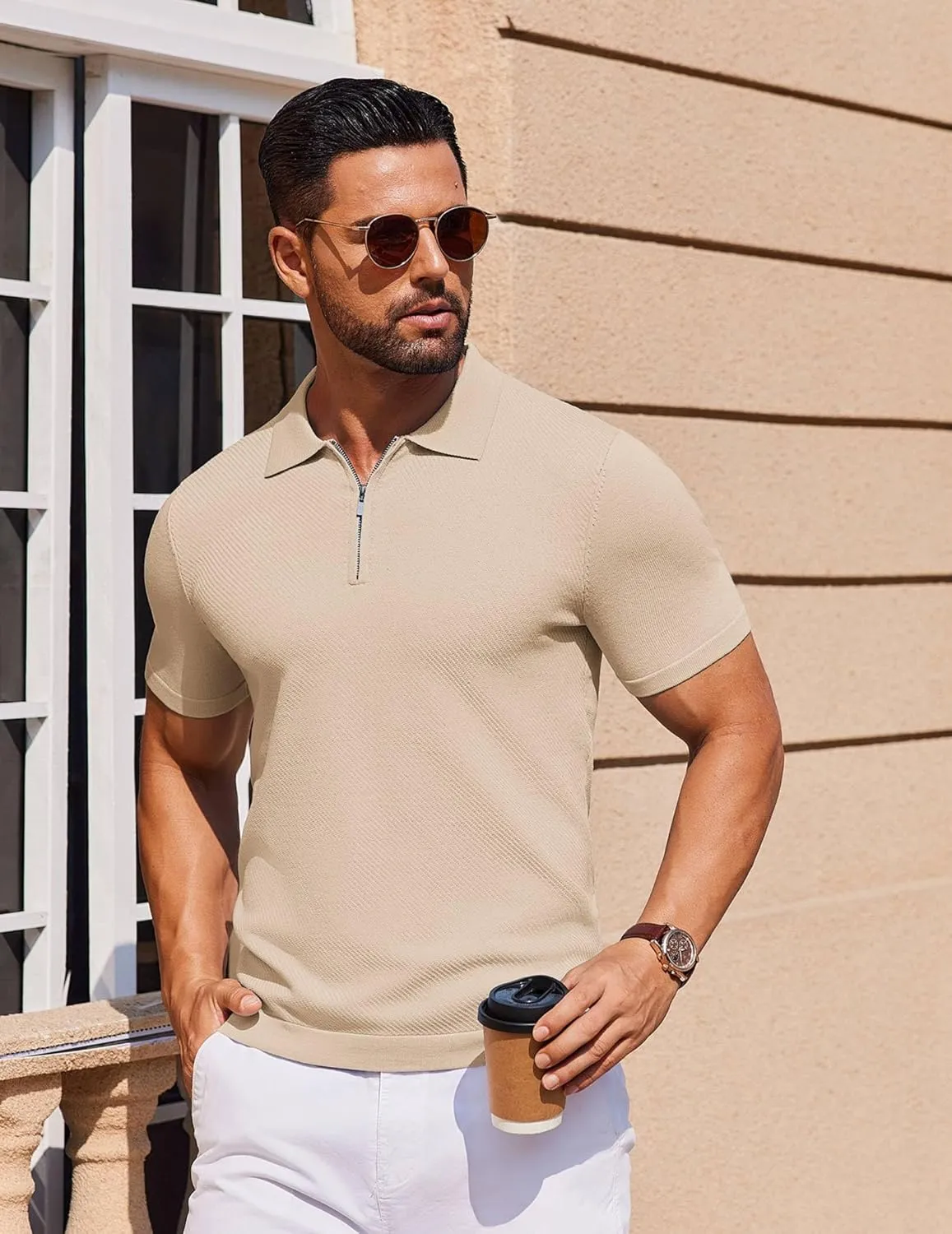 COOFANDY Men's Zipper Polo Shirts Short Sleeve Knit Polo T Shirt Casual Golf Polos for Men