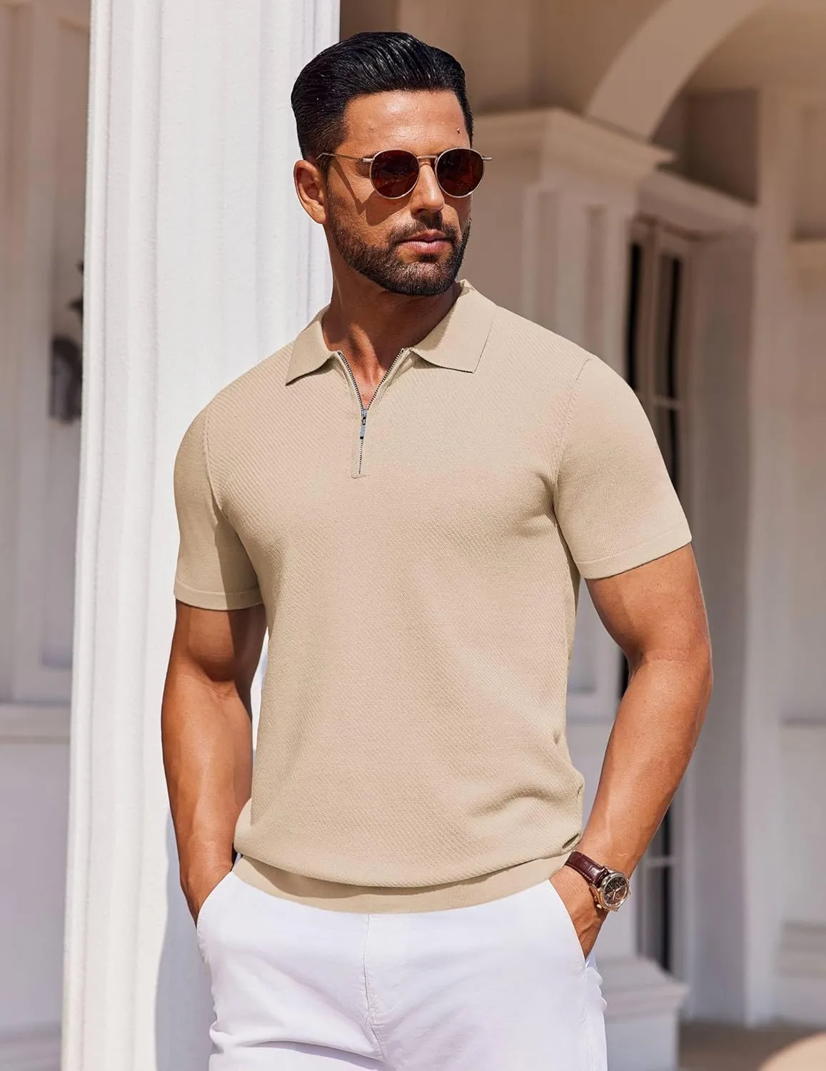 COOFANDY Men's Zipper Polo Shirts Short Sleeve Knit Polo T Shirt Casual Golf Polos for Men