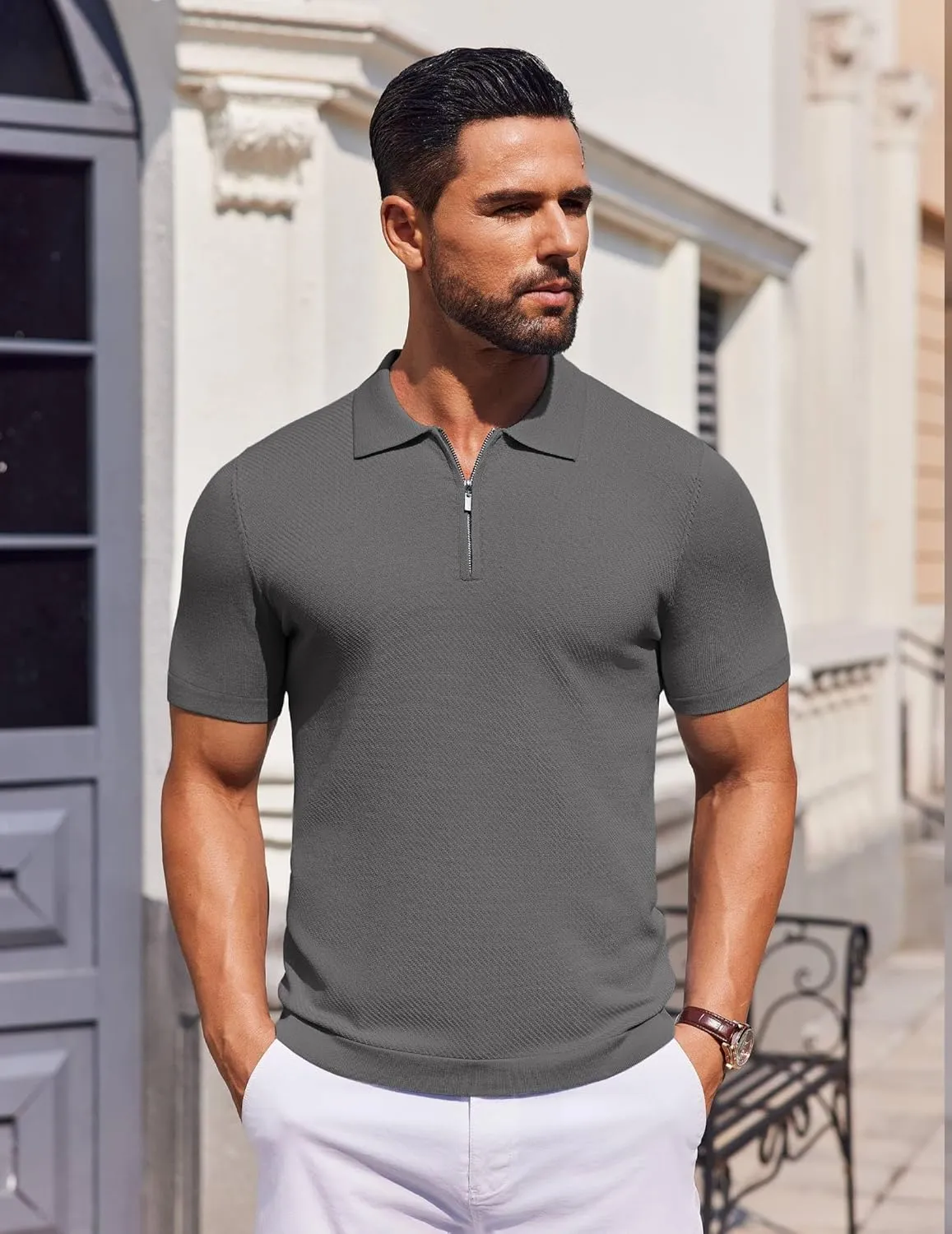 COOFANDY Men's Zipper Polo Shirts Short Sleeve Knit Polo T Shirt Casual Golf Polos for Men
