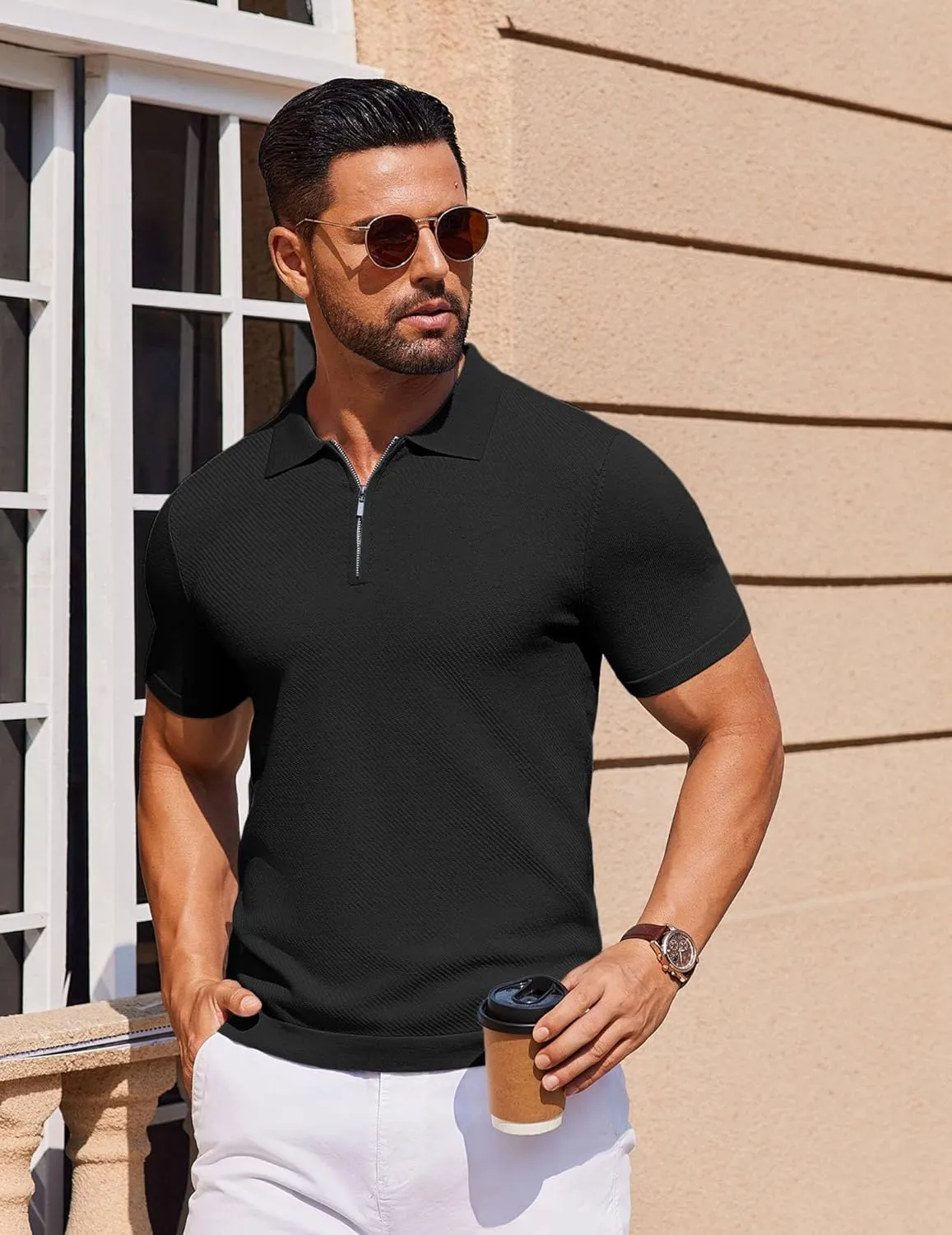 COOFANDY Men's Zipper Polo Shirts Short Sleeve Knit Polo T Shirt Casual Golf Polos for Men