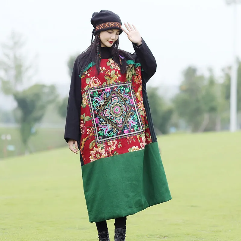 Embroidered Floral Maxi Tunic Dress - Long Sleeve Winter Robe for Maternity