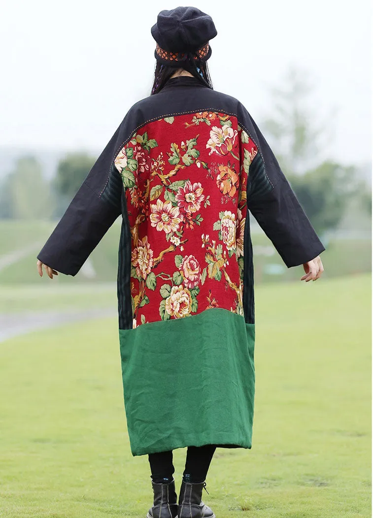 Embroidered Floral Maxi Tunic Dress - Long Sleeve Winter Robe for Maternity
