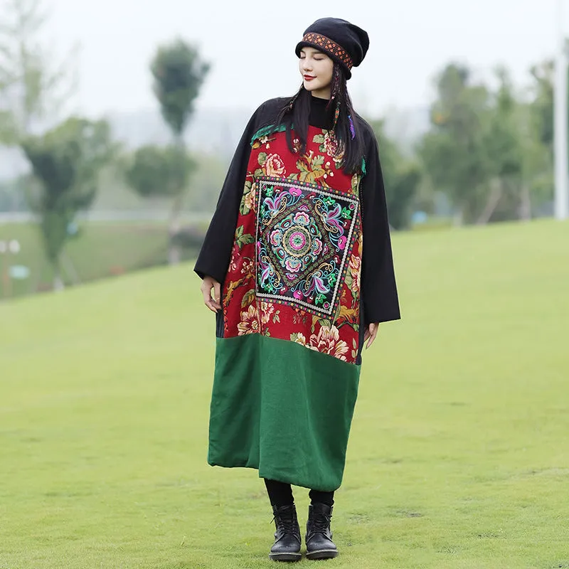 Embroidered Floral Maxi Tunic Dress - Long Sleeve Winter Robe for Maternity