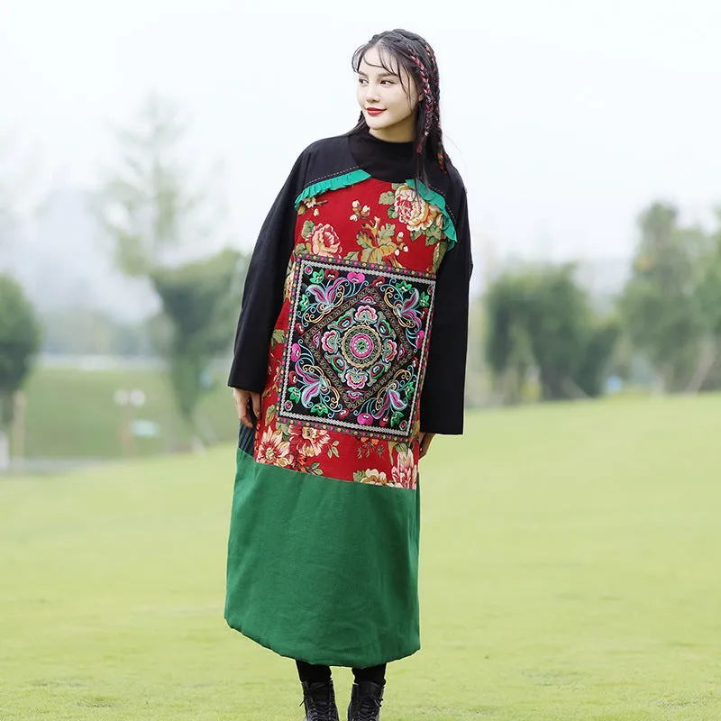 Embroidered Floral Maxi Tunic Dress - Long Sleeve Winter Robe for Maternity
