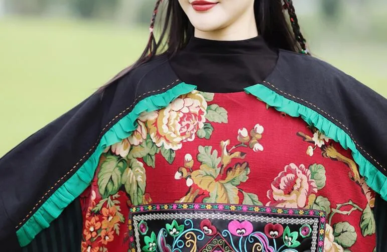 Embroidered Floral Maxi Tunic Dress - Long Sleeve Winter Robe for Maternity