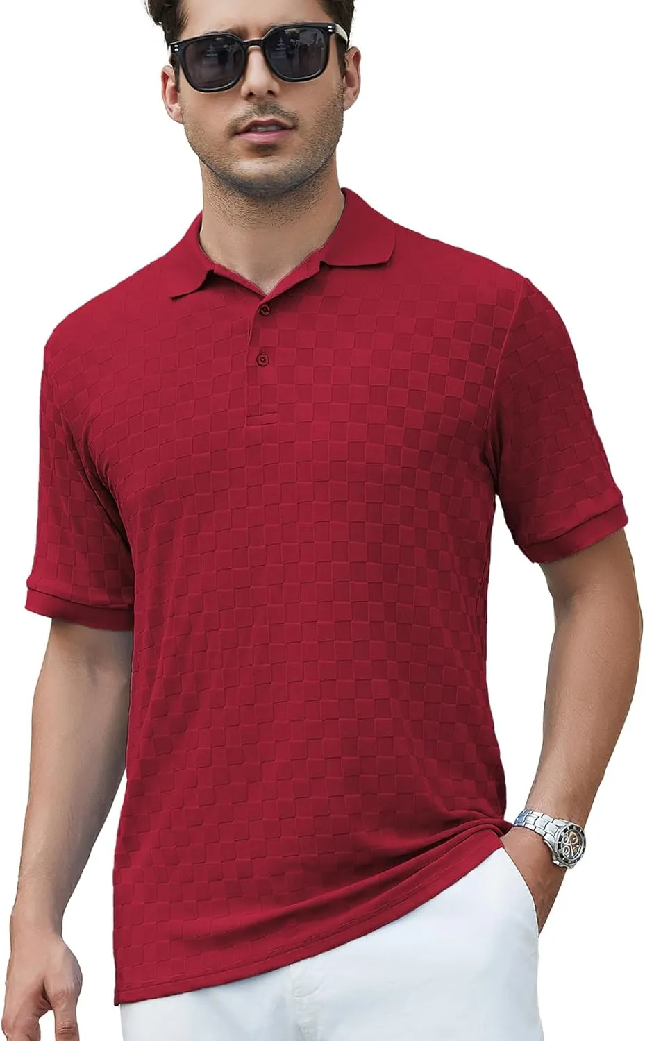Esabel.C Men's Zipper Polo Shirts Textured Knit Short Sleeve Ribbed Stretchy Polo Shirts for Men