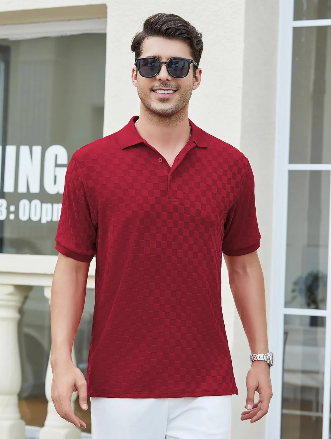 Esabel.C Men's Zipper Polo Shirts Textured Knit Short Sleeve Ribbed Stretchy Polo Shirts for Men