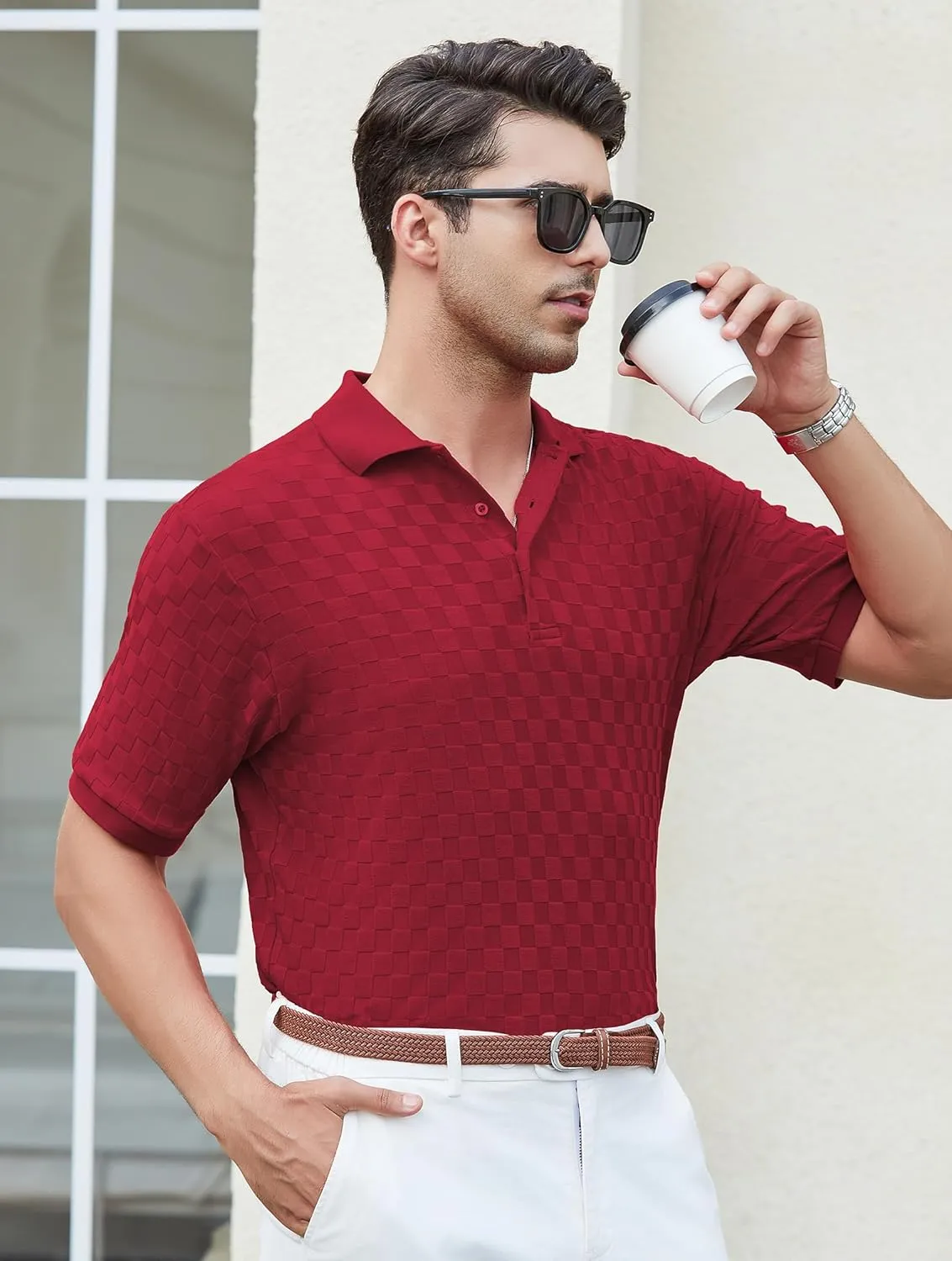 Esabel.C Men's Zipper Polo Shirts Textured Knit Short Sleeve Ribbed Stretchy Polo Shirts for Men