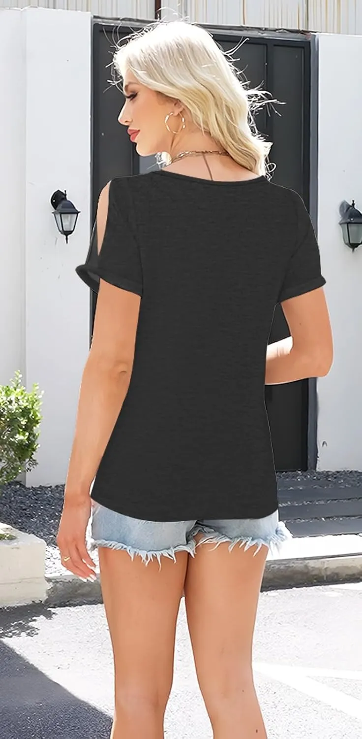 ETCYY NEW Womens Summer Tunic Tops 2025 Short Sleeve Cold Shoulder Shirts Dressy Casual Blouses