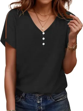 ETCYY NEW Womens Summer Tunic Tops 2025 Short Sleeve Cold Shoulder Shirts Dressy Casual Blouses