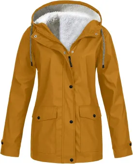 Fleece Lined Rain Jacket Women Fall Winter Warm Rain Coats Outdoor Waterproof Hooded Raincoat Windproof Windbreaker