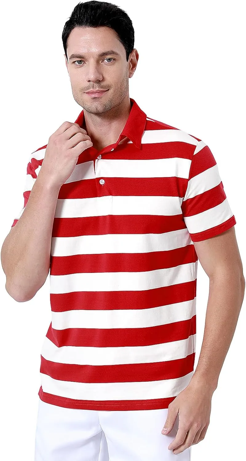 Funny World Men's Striped Polo Cotton Regular Fit Casual Short Sleeve Golf Shirt