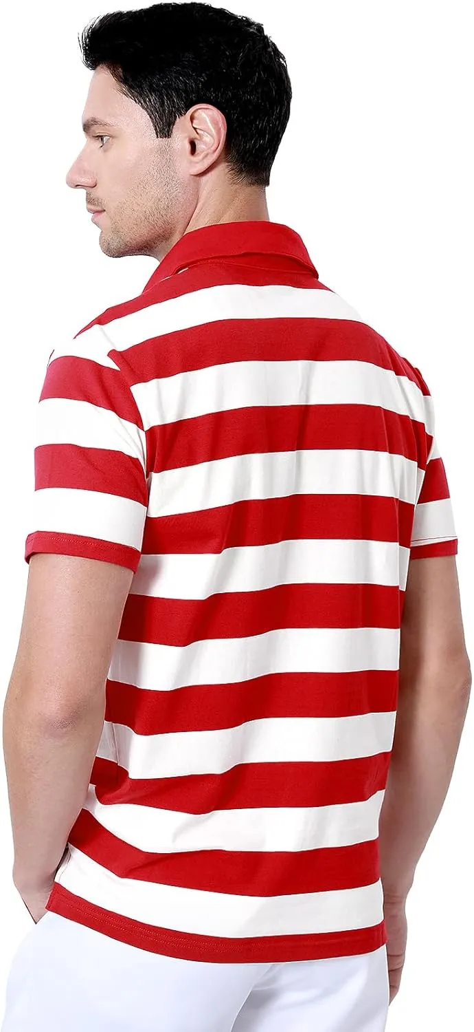 Funny World Men's Striped Polo Cotton Regular Fit Casual Short Sleeve Golf Shirt