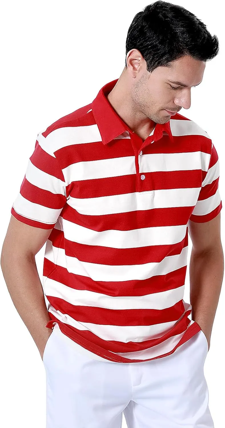 Funny World Men's Striped Polo Cotton Regular Fit Casual Short Sleeve Golf Shirt
