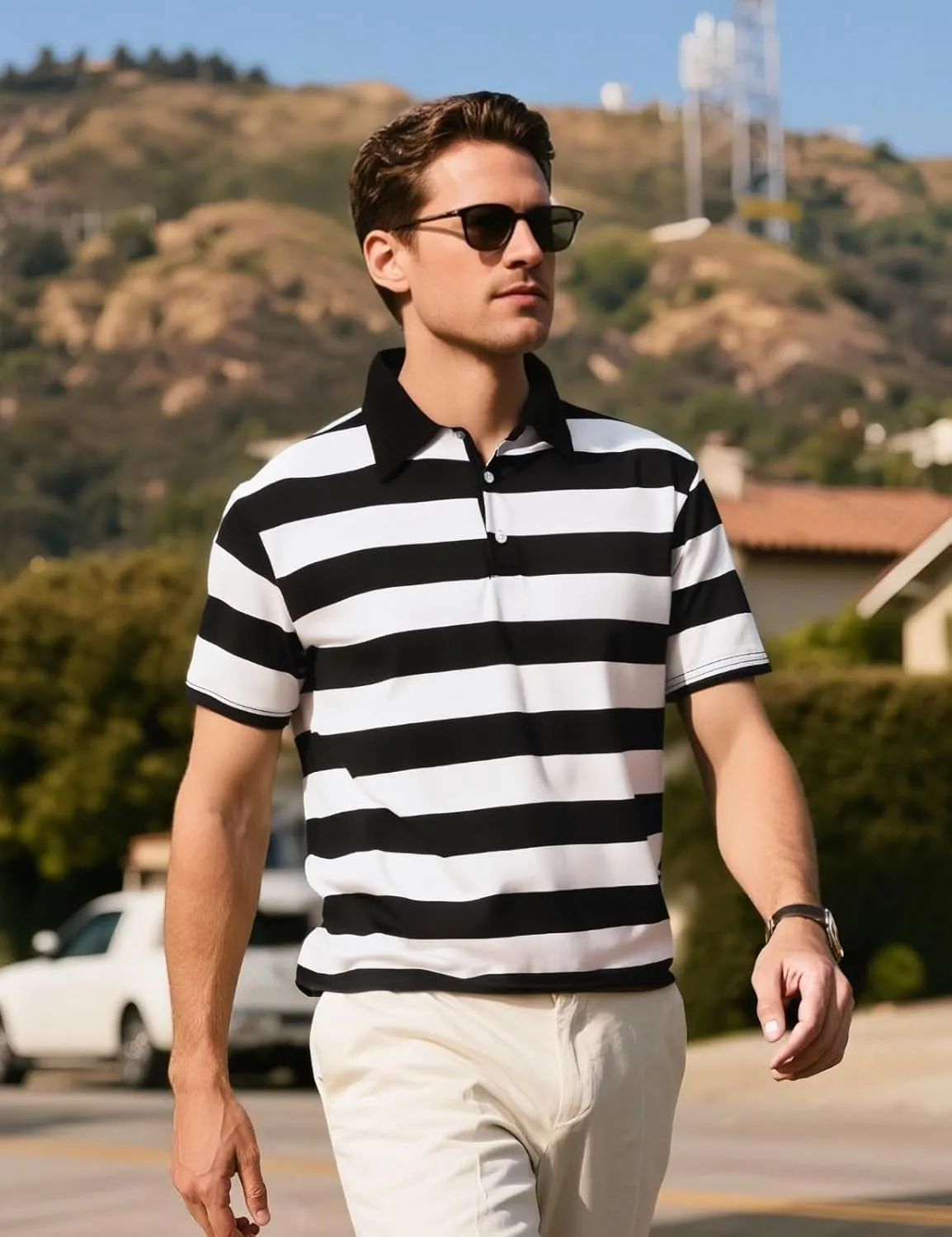 Funny World Men's Striped Polo Cotton Regular Fit Casual Short Sleeve Golf Shirt