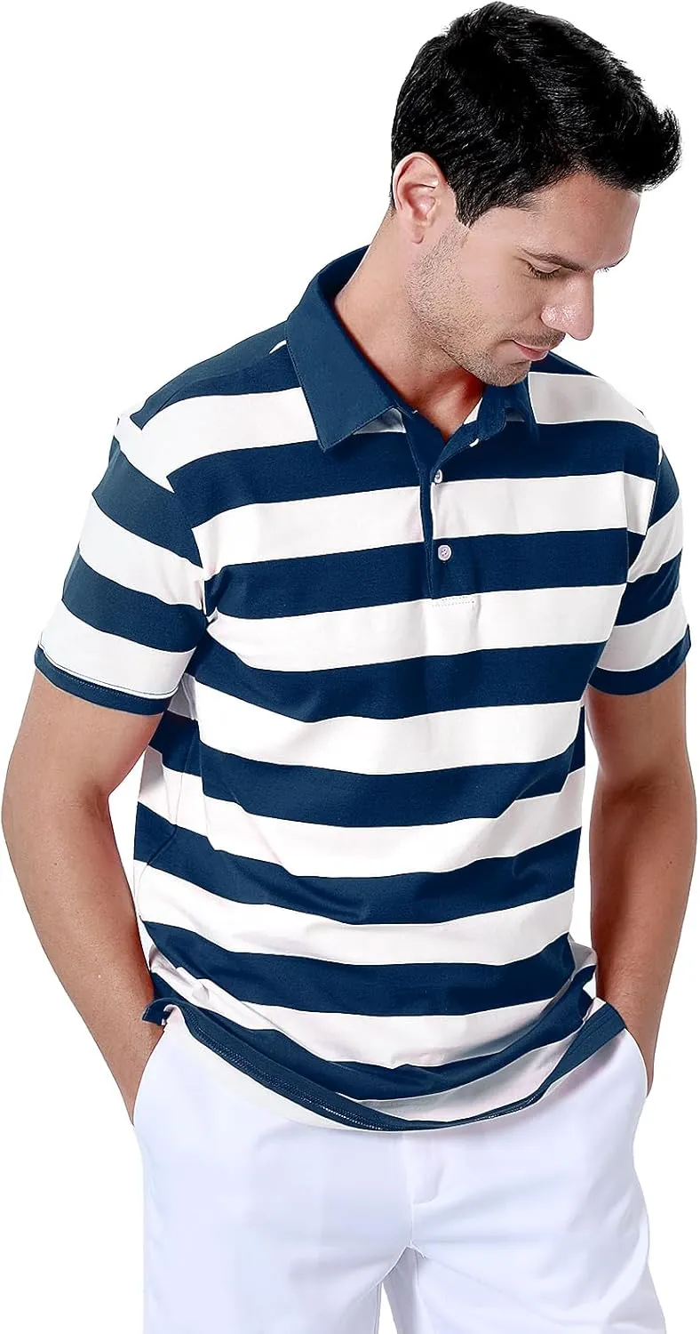 Funny World Men's Striped Polo Cotton Regular Fit Casual Short Sleeve Golf Shirt