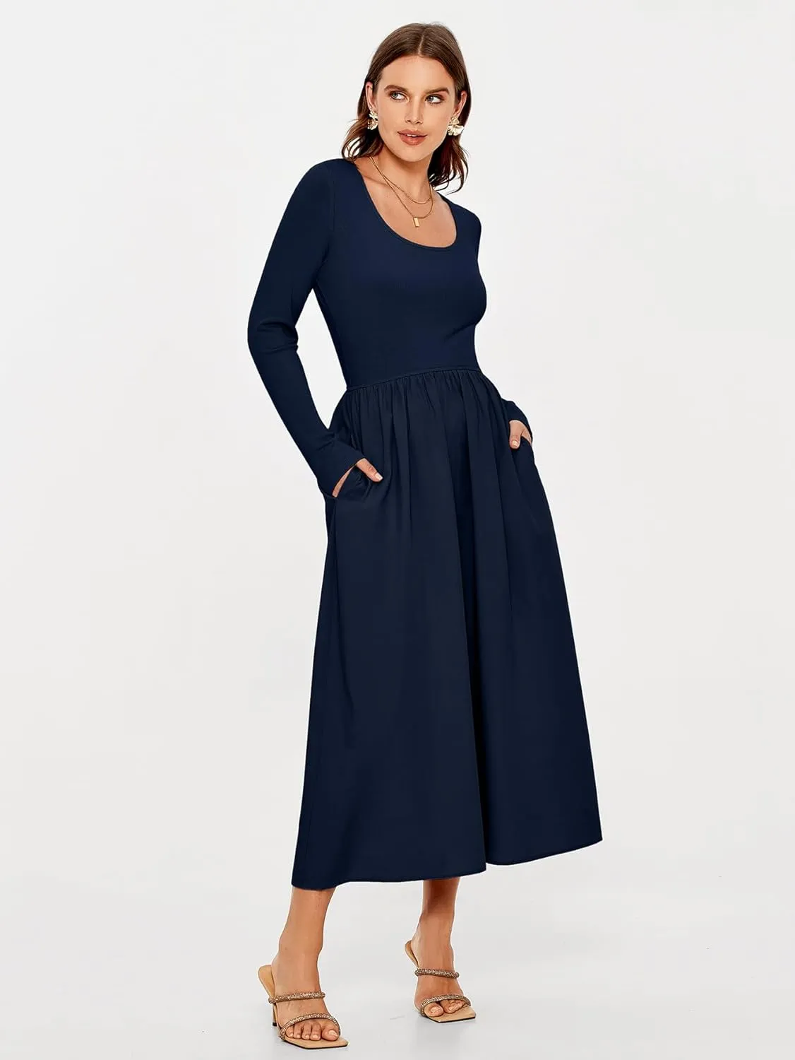 Glamaker Womens Long Sleeve Midi Dress 2025 Spring Wedding Guest Dress Casual HOCO A Line Holiday Dress with Pockets