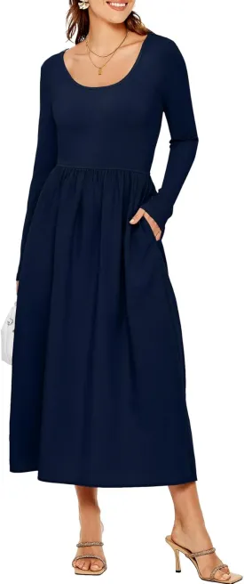 Glamaker Womens Long Sleeve Midi Dress 2025 Spring Wedding Guest Dress Casual HOCO A Line Holiday Dress with Pockets