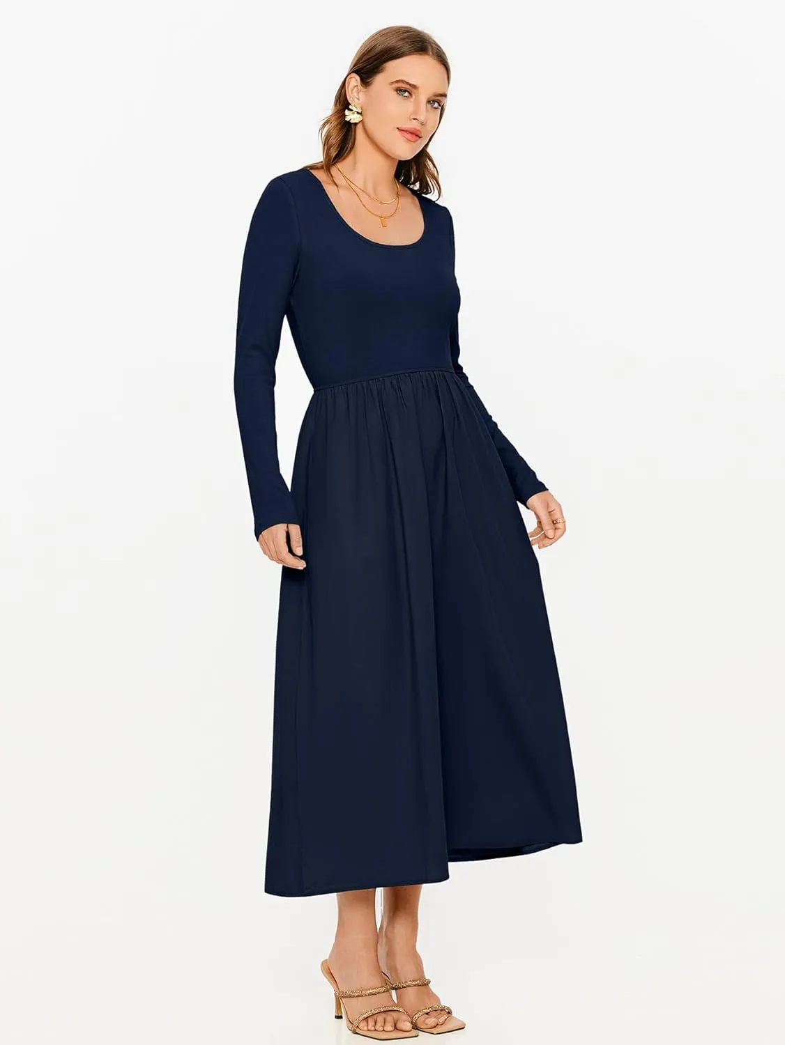 Glamaker Womens Long Sleeve Midi Dress 2025 Spring Wedding Guest Dress Casual HOCO A Line Holiday Dress with Pockets
